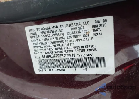 2009 Honda Odyssey Ex-L from USA, damaged, VIN 5FNRL38799B408979